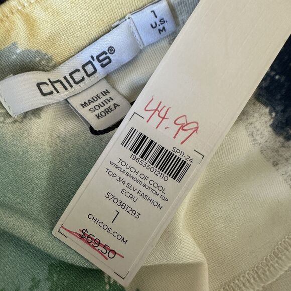 NEW Chico's Touch of Cool Watercolor Banded-Hem Top Size 1 US M 3/4 Sleeves - Picture 6 of 7